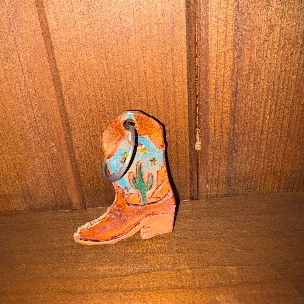 Hand tooled cowboy boot leather key chain